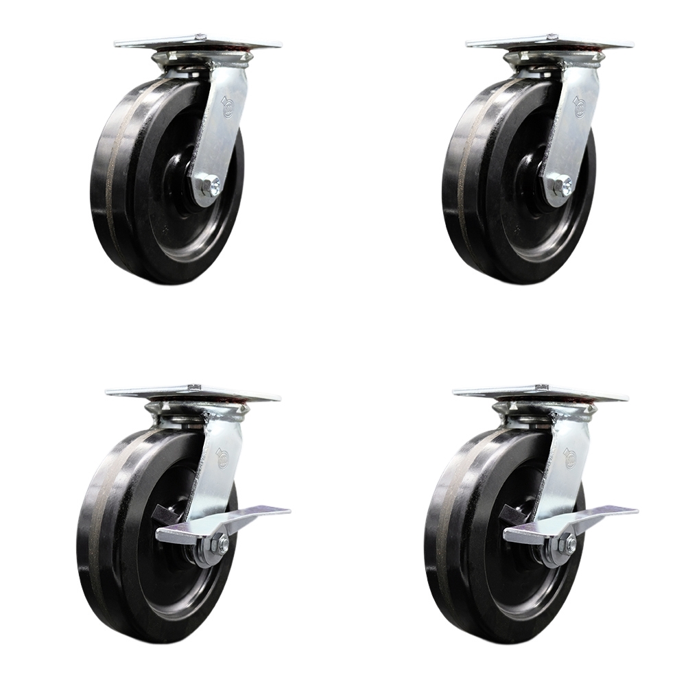 Heavy Duty Large Top Plate Phenolic Swivel Caster w/Main. Free Bearings Set of 4 w/8" x 2" Black Wheels - Includes 2 Swivel with Bolt on Swivel Locks & 2 Swivel with Brakes - Service Caster Brand — photo 1