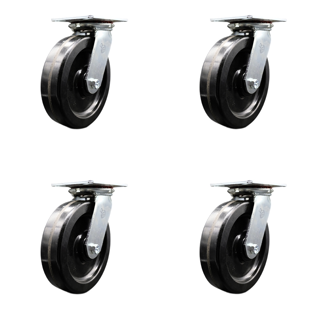 Heavy Duty Large Top Plate Phenolic Swivel Caster w/Main. Free Bearings Set of4 w/8" x 2" Black Wheels - Includes 4 Swivel w/Bolt on Swivel Locks - 5000 lbs Total Capacity - Service Caster Brand — photo 1