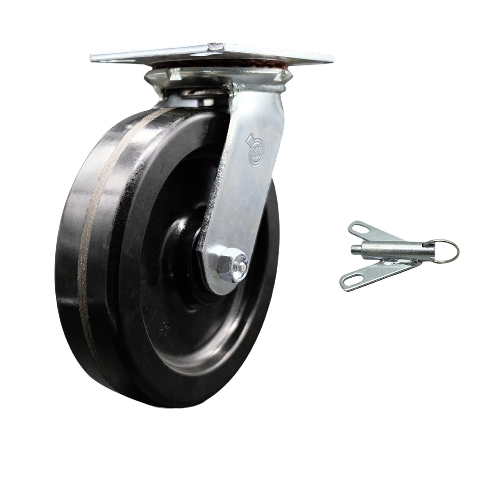 Heavy Duty Large Top Plate Phenolic Swivel Caster w/Main. Free Bearings and 8" x 2" Black Wheel & Bolt on Swivel Lock - 1250 lbs Capacity/Caster - Service Caster Brand — photo 1