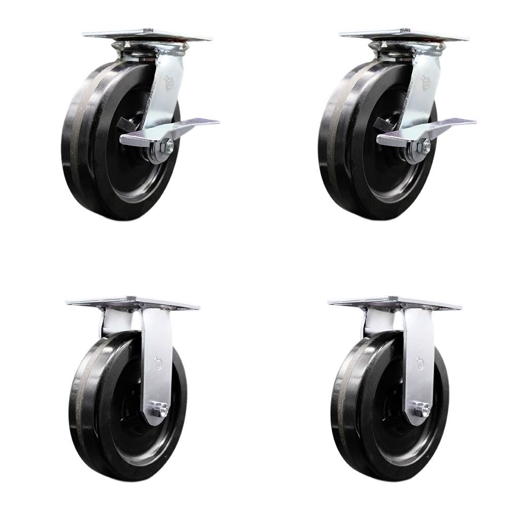 Heavy Duty Large Top Plate Phenolic Swivel Caster Set of 4 w/8" x 2" Black Wheels - Includes 2 Swivel with Brakes & 2 Rigid - 5000 lbs Total Capacity - Service Caster Brand — photo 1
