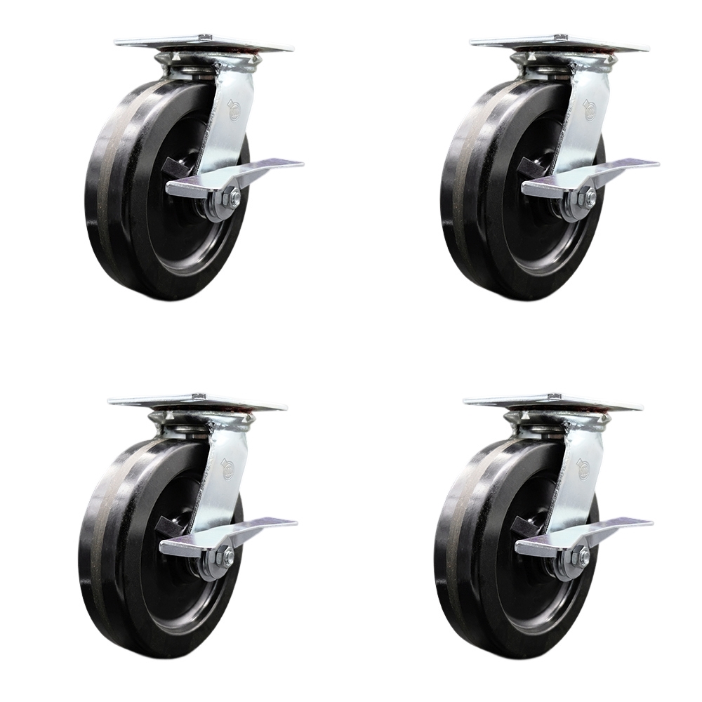 Heavy Duty Large Top Plate Phenolic Swivel Caster w/Main. Free Bearings Set of4 w/8" x 2" Black Wheels - Includes 4 Swivel w/Side Lck Brakes - 5000 lbs Total Capacity - Service Caster Brand — photo 1