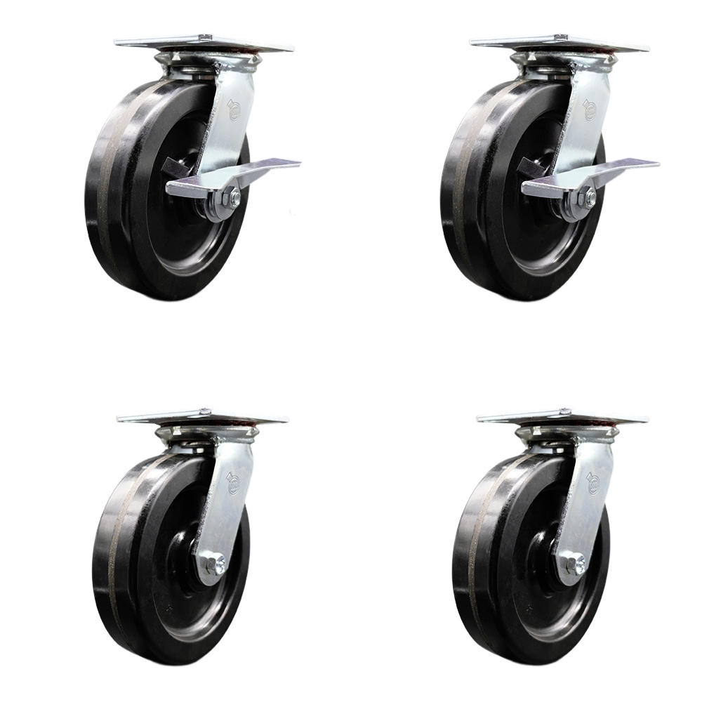 Heavy Duty Large Top Plate Phenolic Swivel Caster Set 4 w/8" x 2" Black Wheels-Includes 2 Swvl w/Brakes and Bolt on Swvl Lcks& 2 Swvl w/Bolt on Swvl Lcks-5000 lbs Total Cpty- Service Caster Brand — photo 1