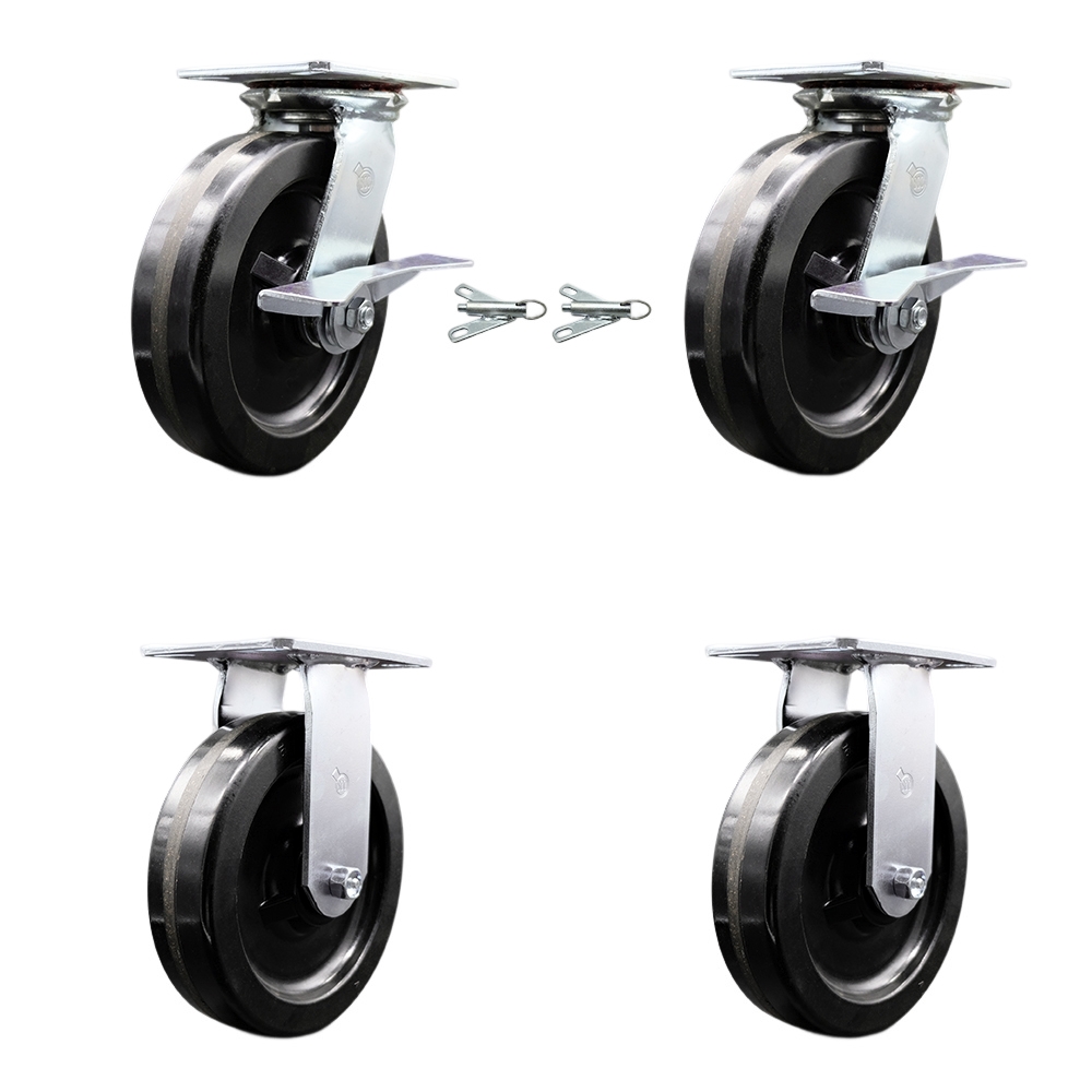 Heavy Duty Large Top Plate Phenolic Swivel Caster w/Main. Free Bearings Set of 4 w/8" x 2" Black Wheels - Includes 2 Swivel with Brakes and Bolt on Swivel Locks & 2 Rigid - Service Caster Brand — photo 1