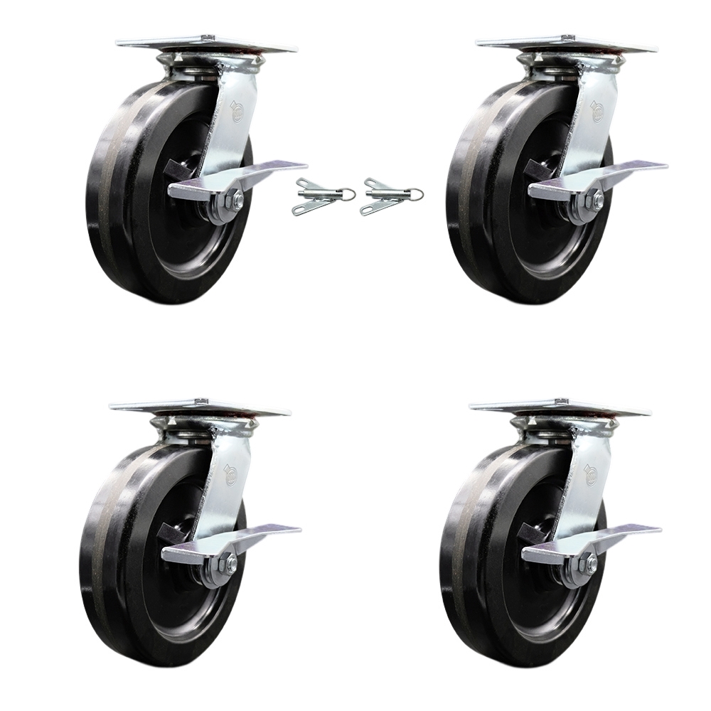 Heavy Duty Large Top Plate Phenolic Swivel Caster Set 4 w/8" x 2" Black Wheels-Includes 2 Swivel with Brakes and Bolt on Swivel Locks&2 Swivel with Brakes-5000 lbs Total Cpty-Service Caster Brand — photo 1