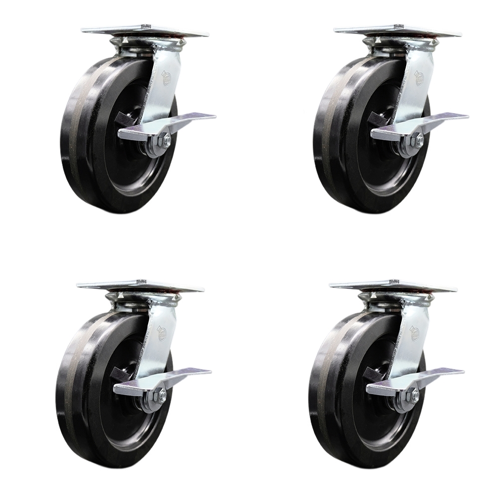 Heavy Duty Large Top Plate Phenolic Swivel Caster w/Main. Free Bearings Set of 4 w/8" x 2" Black Wheels - Includes 4 Swivel w/Side Lock Brakes & Bolt on Swivel Locks - Service Caster Brand — photo 1