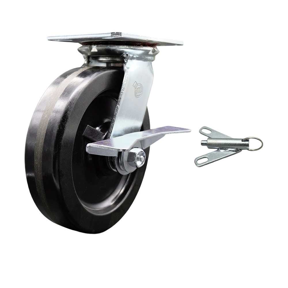 Heavy Duty Large Top Plate Phenolic Swivel Caster w/8" x 2" Black Wheel & Side Lck Brake and Bolt on Swivel Lock - 1250 lbs Capacity/Caster - Service Caster Brand — photo 1