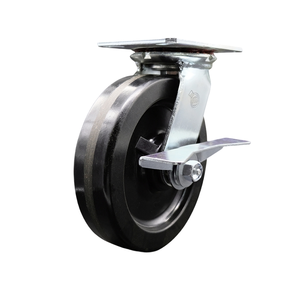 Heavy Duty Large Top Plate Phenolic Swivel Caster w/Main. Free Bearings and 8" x 2" Black Wheel & Side Lck Brake - 1250 lbs Capacity/Caster - Service Caster Brand — photo 1