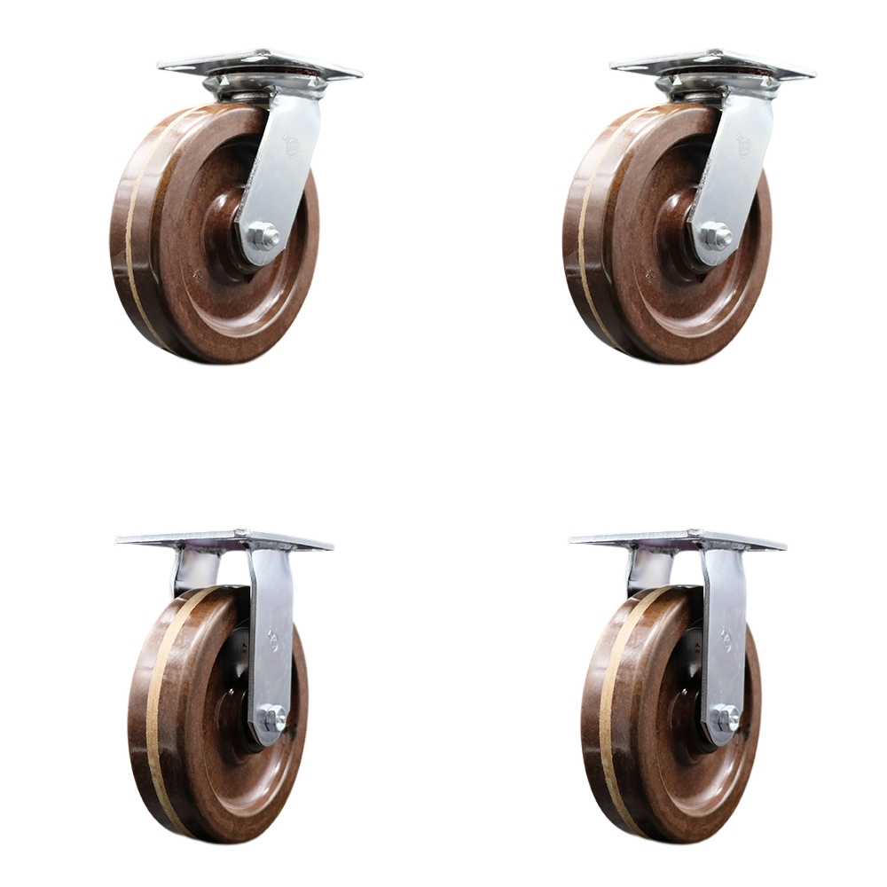 Heavy Duty Large Top Plate High Temperature Phenolic Swivel Caster Set of 4 w/8" x 2" Brown Wheels - Includes 2 Swivel & 2 Rigid - 5000 lbs Total Capacity - Service Caster Brand — photo 1