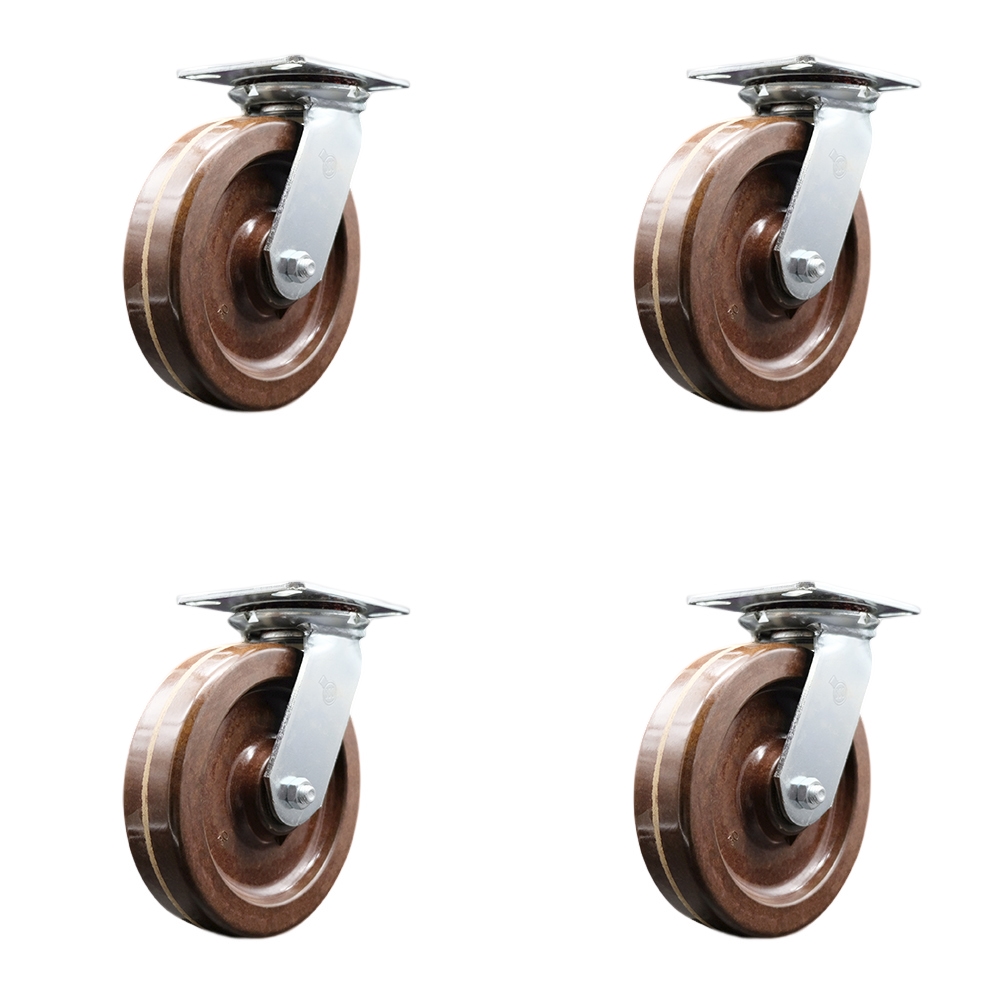 Heavy Duty Large Top Plate High Temperature Phenolic Swivel Caster Set of 4 w/8" x 2" Brown Wheels - Includes 4 Swivel - 5000 lbs Total Capacity - Service Caster Brand — photo 1