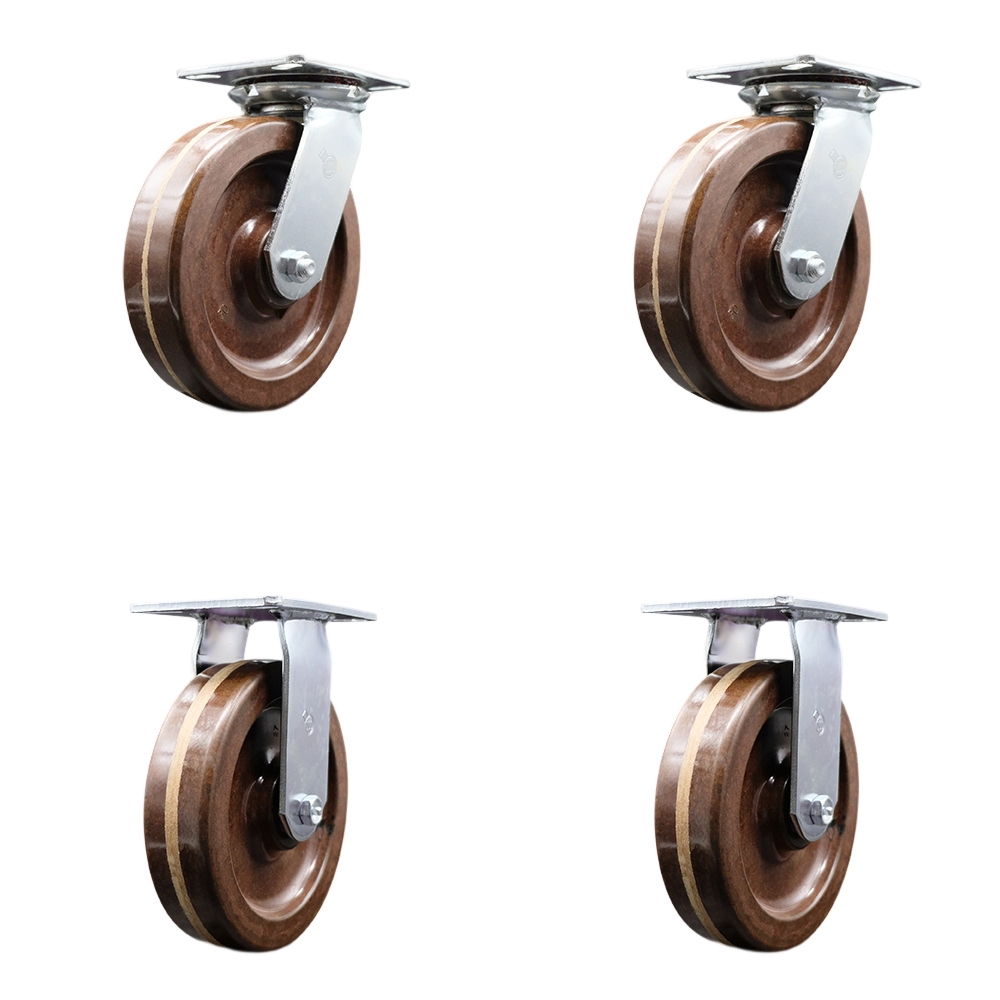 Heavy Duty Large Top Plate High Temperature Phenolic Swivel Caster Set of 4 w/8" x 2" Brown Wheels - Includes 2 Swivel with Bolt on Swivel Locks & 2 Rigid-5000lbs Total Capacity - Service Caster Brand — photo 1