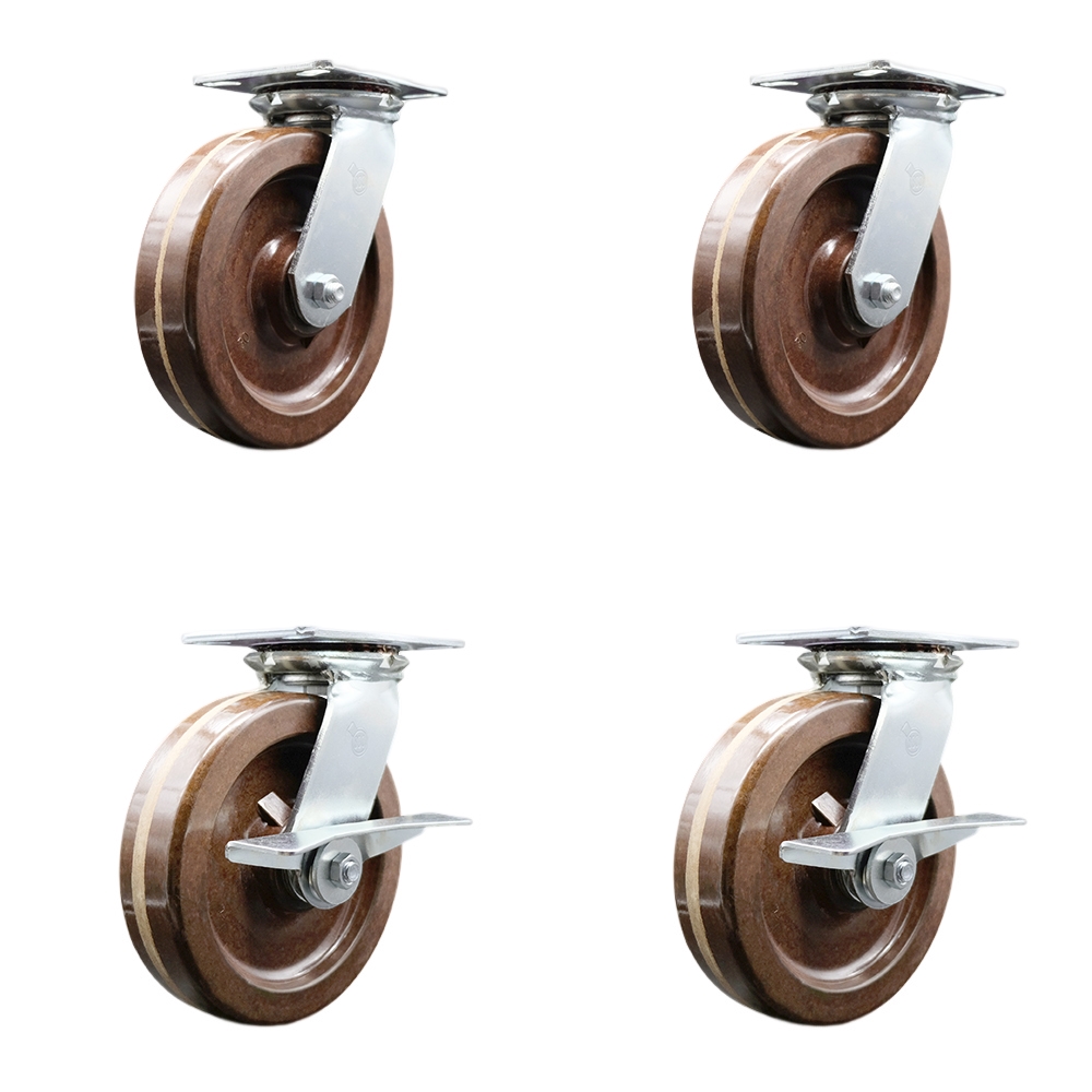 Heavy Duty Large Top Plate High Temperature Phenolic Swivel Caster Set of 4 w/8" x 2" Brown Wheels-Includes 2 Swivel with Bolt on Swvl Lcks&2 Swvl with Brakes-5000lbs Total Cpty - Service Caster Brand — photo 1