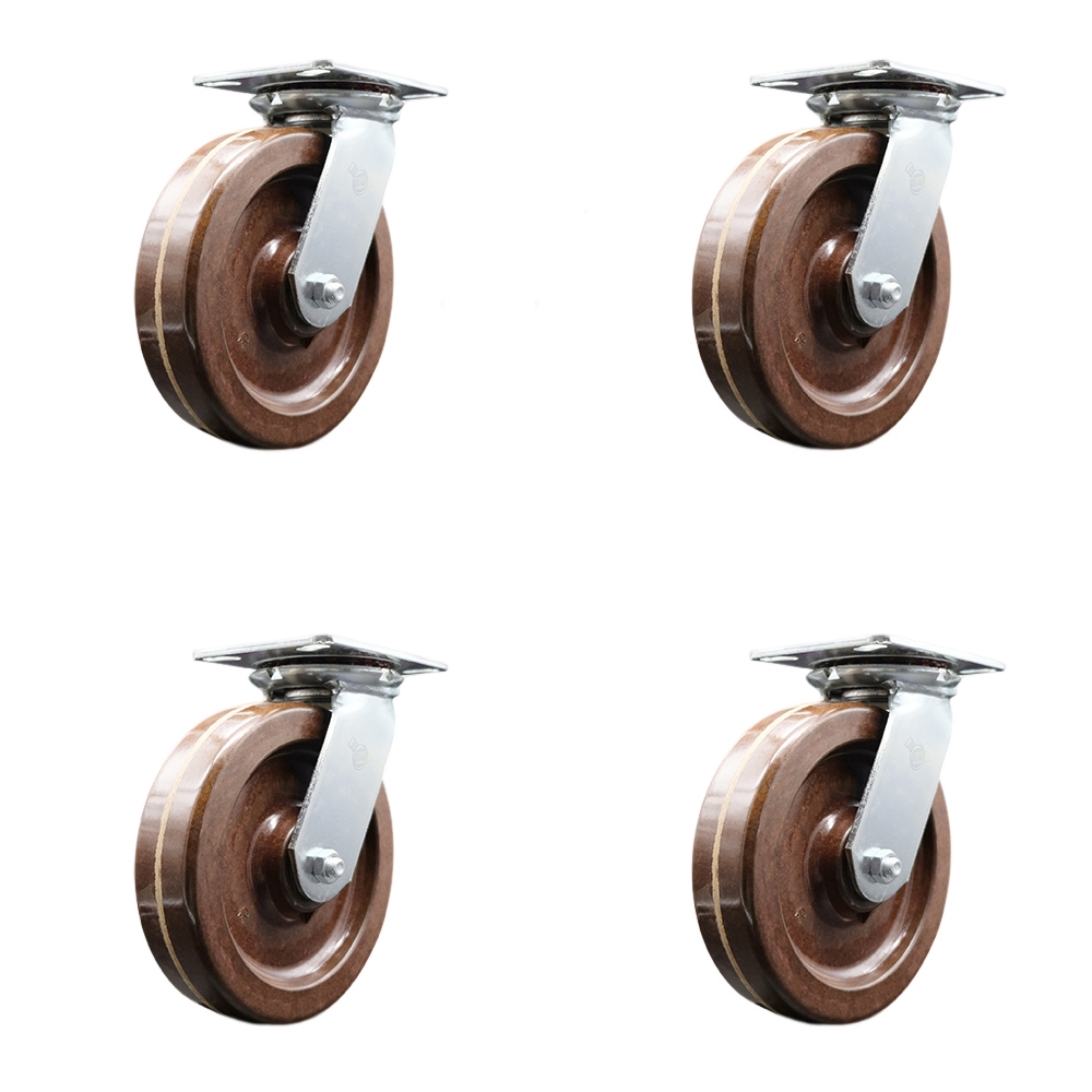 Heavy Duty Large Top Plate High Temperature Phenolic Swivel Caster Set of 4 w/8" x 2" Brown Wheels - Includes 4 Swivel w/Bolt on Swivel Locks - 5000 lbs Total Capacity - Service Caster Brand — photo 1