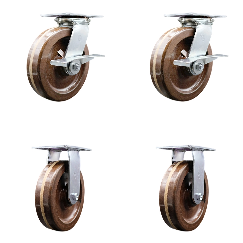 Heavy Duty Large Top Plate High Temperature Phenolic Swivel Caster Set of 4 w/8" x 2" Brown Wheels - Includes 2 Swivel with Brakes & 2 Rigid - 5000 lbs Total Capacity - Service Caster Brand — photo 1