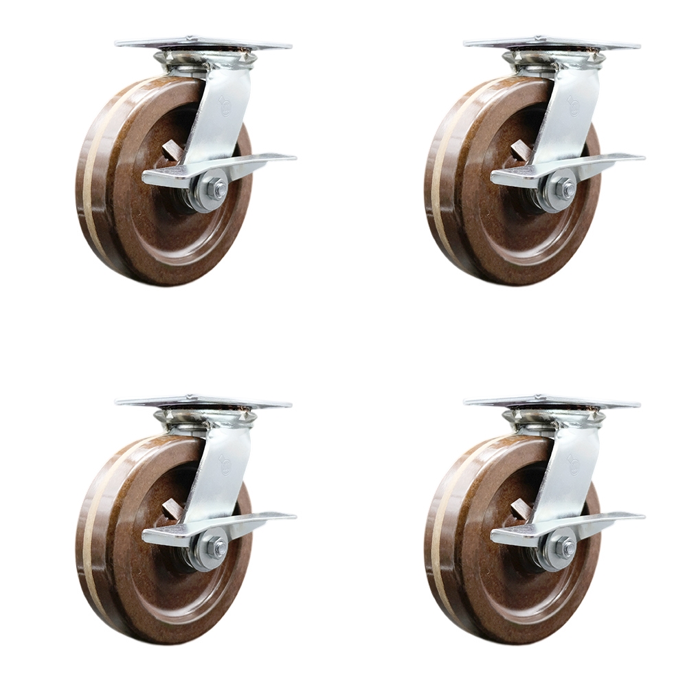 Heavy Duty Large Top Plate High Temperature Phenolic Swivel Caster Set of 4 w/8" x 2" Brown Wheels - Includes 4 Swivel w/Side Lck Brakes - 5000 lbs Total Capacity - Service Caster Brand — photo 1