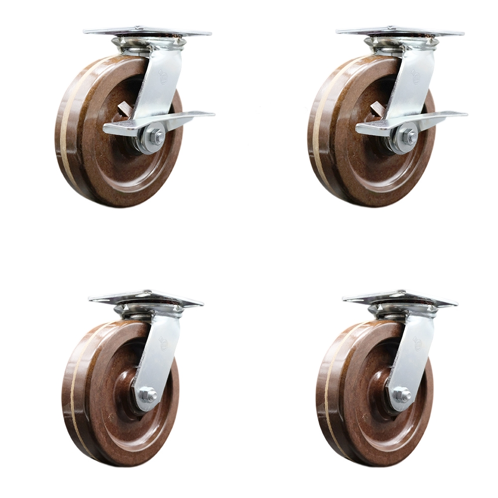 Heavy Duty Large Top Plate High Temp Phenolic Swvl Caster Set 4 w/8" x 2" Brown Wheels-Includes 2 Swvl w/BRKs and Bolt on Swvl Lcks&2 Swvl w/Bolt on Swvl Lcks-5000 lbs Total Cpty- Service Caster Brand — photo 1