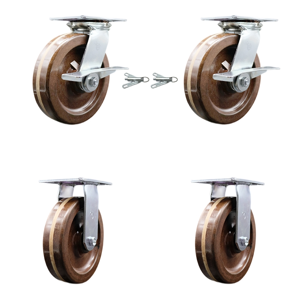 Heavy Duty Large Top Plate High Temperature Phenolic Swivel Caster Set of 4 w/8" x 2" Brown Wheels-Includes 2 Swivel with Brakes and Bolt on Swvl Lcks&2 Rigid-5000lbs Total Cpty - Service Caster Brand — photo 1