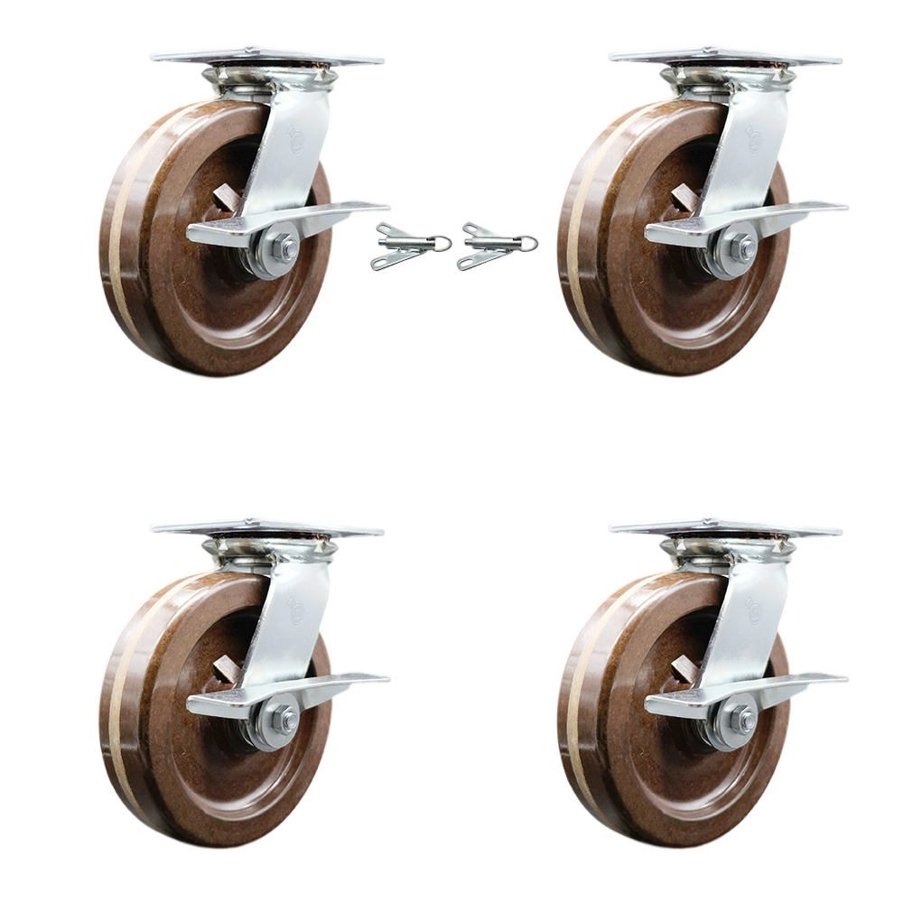 Heavy Duty Large Top Plate High Temp Phenolic Swivel Caster Set 4 w/8" x 2" Brown Wheels-Includes 2 Swivel with Brakes and Bolt on Swvl Lcks&2 Swvl with Brakes-5000 lbs Total Cpty-Service Caster Brand — photo 1
