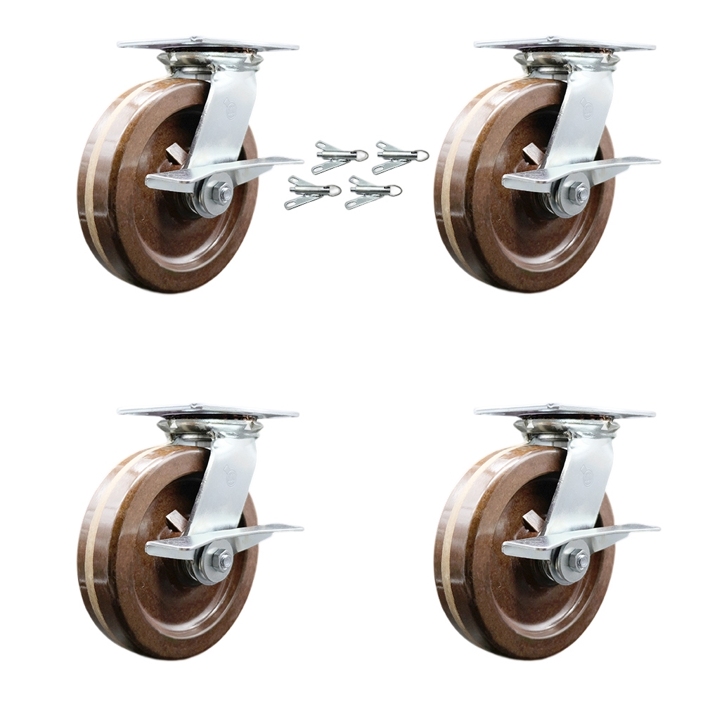 Heavy Duty Large Top Plate High Temperature Phenolic Swivel Caster Set of 4 w/8" x 2" Brown Wheels - Includes 4 Swivel w/Side Lck Brakes&Bolt on Swvl Lcks-5000lbs Total Capacity - Service Caster Brand — photo 1