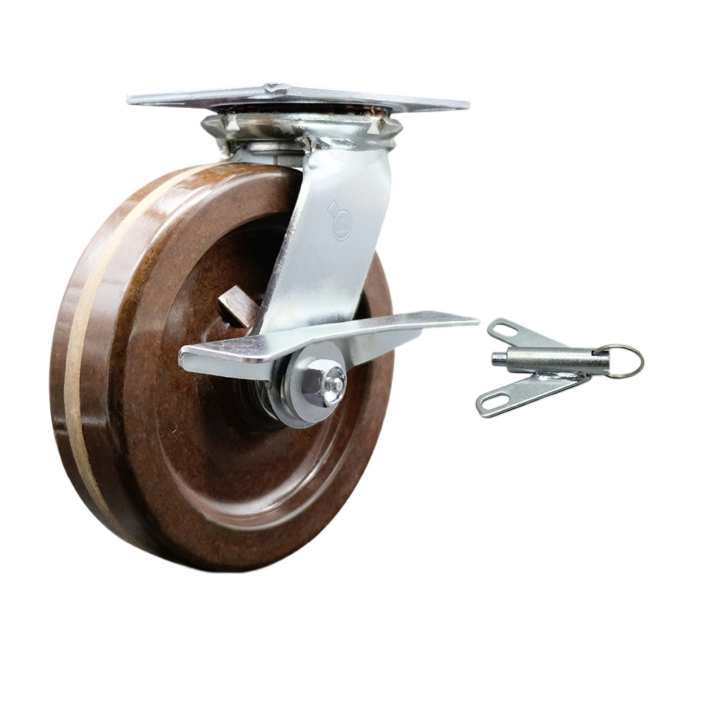Heavy Duty Large Top Plate High Temperature Phenolic Swivel Caster w/8" x 2" Brown Wheel & Side Lck Brake and Bolt on Swivel Lock - 1250 lbs Capacity/Caster - Service Caster Brand — photo 1