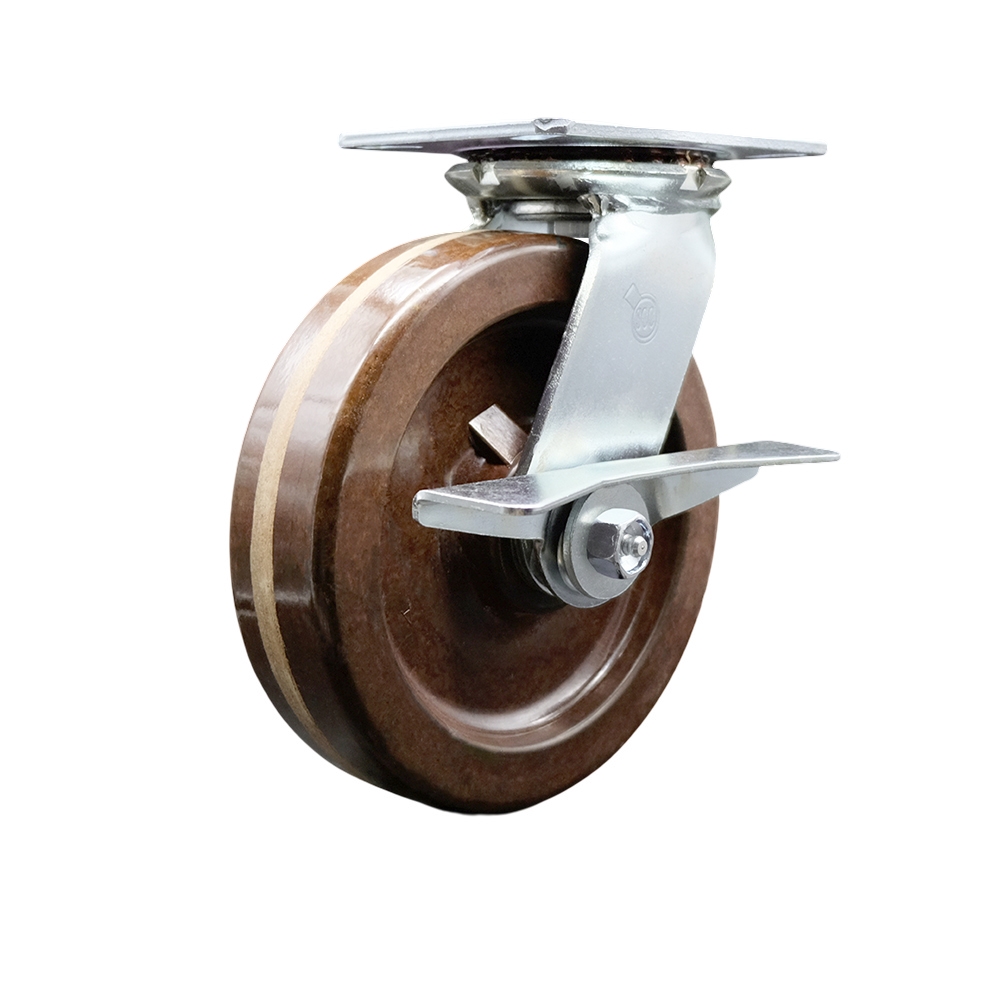 Heavy Duty Large Top Plate High Temperature Phenolic Swivel Caster w/8" x 2" Brown Wheel & Side Lck Brake - 1250 lbs Capacity/Caster - Service Caster Brand — photo 1