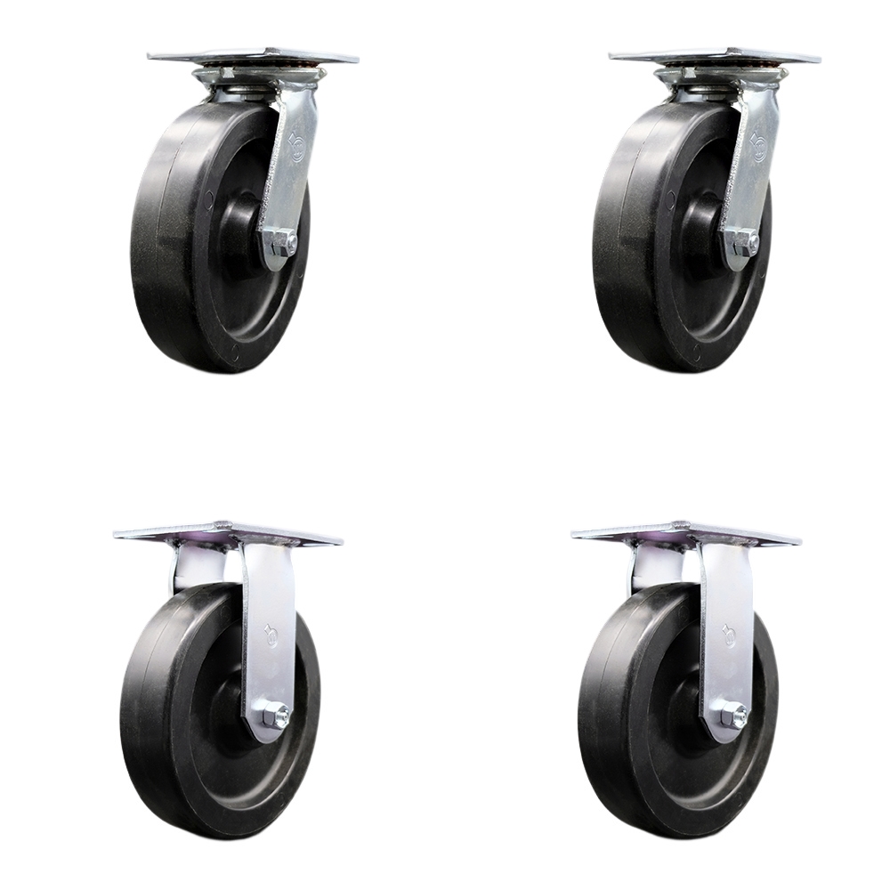 Heavy Duty Large Top Plate Polyolefin Swivel Caster w/Main. Free Bearings Set of 4 w/8" x 2" Black Wheels - Includes 2 Swivel & 2 Rigid - 3600 lbs Total Capacity - Service Caster Brand — photo 1