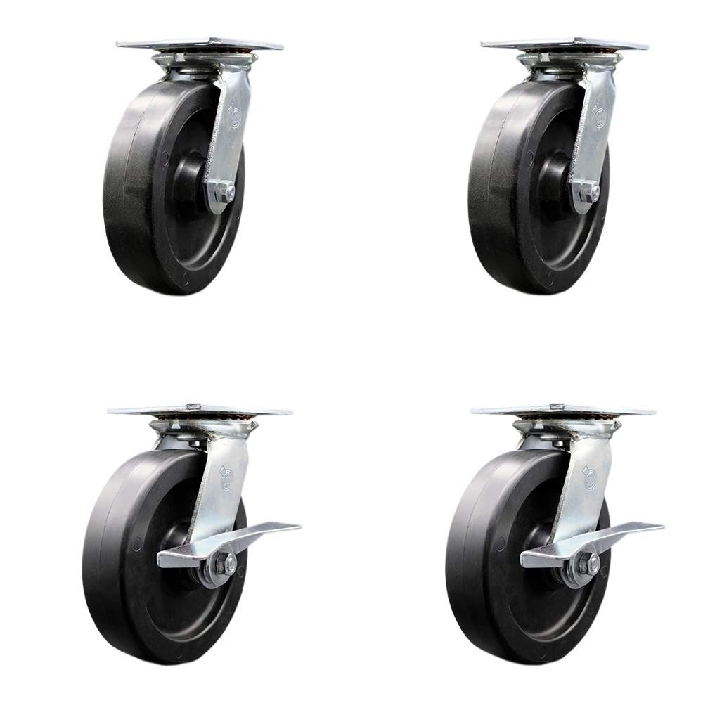 Heavy Duty Large Top Plate Polyolefin Swivel Caster w/Main. Free Bearings Set of 4 w/8" x 2" Black Wheels - Includes 2 Swivel with Brakes & 2 Swivel - 3600 lbs Total Capacity - Service Caster Brand — photo 1