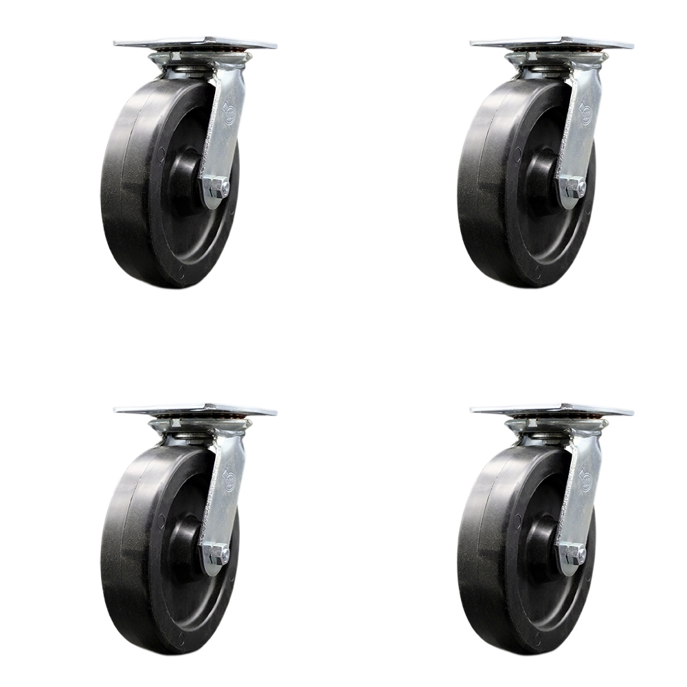Heavy Duty Large Top Plate Polyolefin Swivel Caster w/Main. Free Bearings Set of 4 w/8" x 2" Black Wheels - Includes 4 Swivel - 3600 lbs Total Capacity - Service Caster Brand — photo 1
