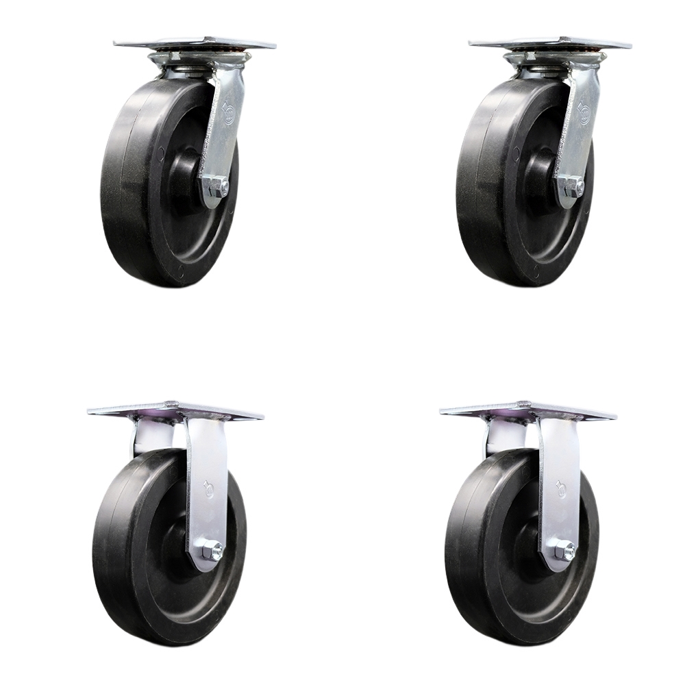 Heavy Duty Large Top Plate Polyolefin Swivel Caster w/Main. Free Bearings Set of 4 w/8" x 2" Black Wheels-Includes 2 Swivel with Bolt on Swivel Locks&2 Rigid-3600 lbs Total Cpty - Service Caster Brand — photo 1