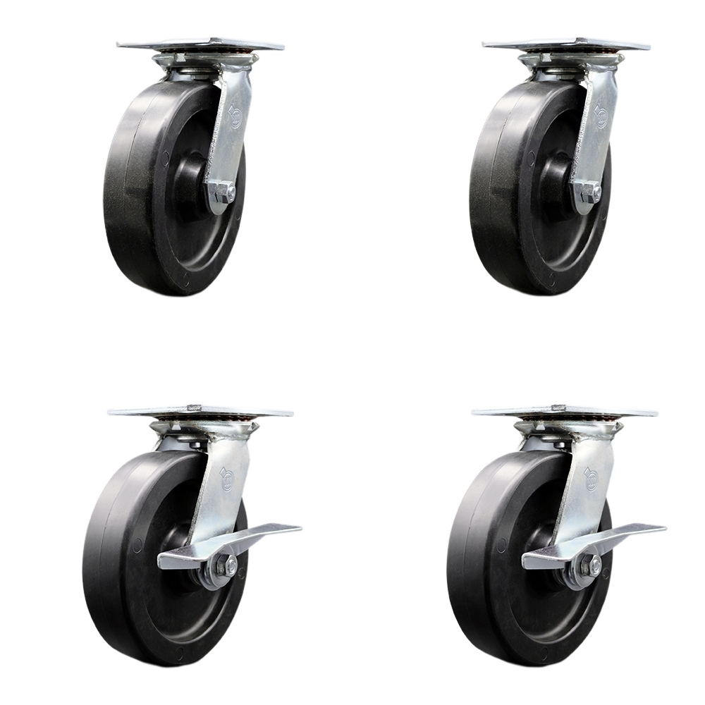Heavy Duty Large Top Plate Polyolefin Swivel Caster w/Main. Free Bearings Set of 4 w/8" x 2" Black Wheels - Includes 2 Swivel with Bolt on Swivel Locks&2 Swivel with Brakes - Service Caster Brand — photo 1