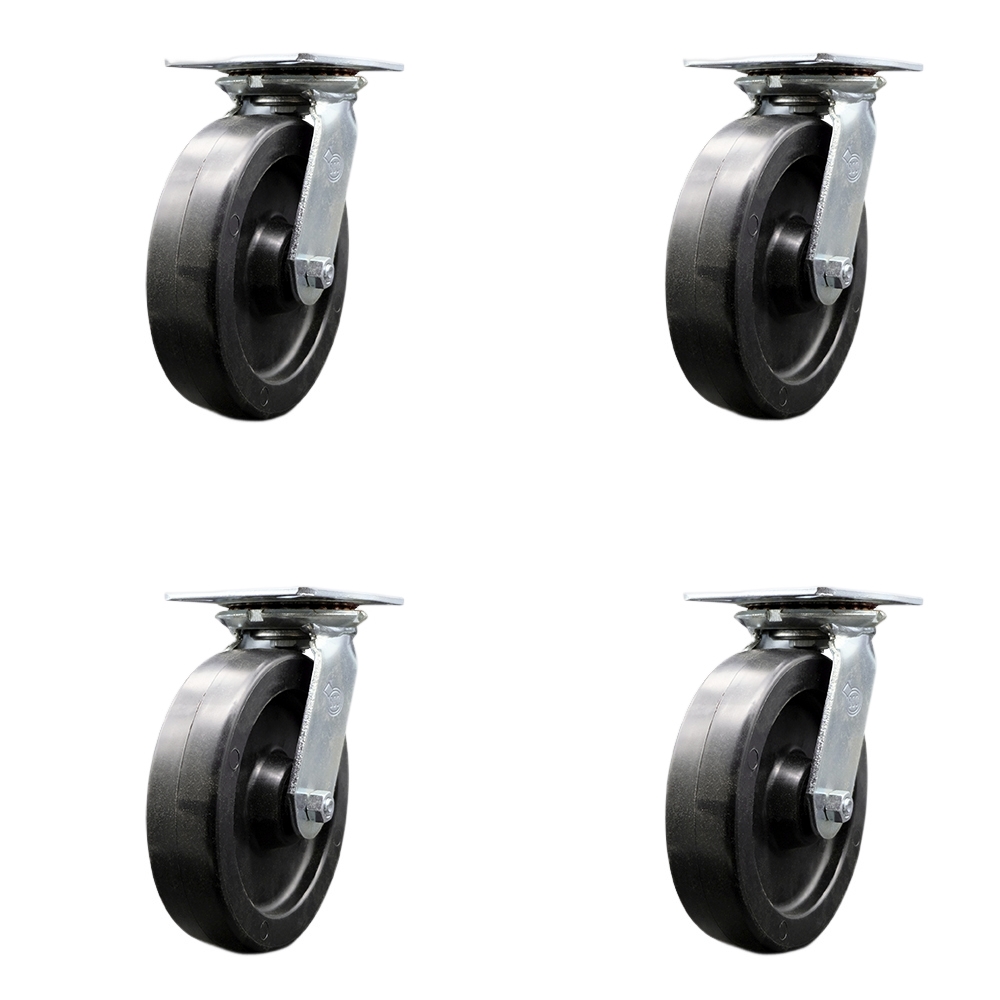 Heavy Duty Large Top Plate Polyolefin Swivel Caster w/Main. Free Bearings Set of 4 w/8" x 2" Black Wheels - Includes 4 Swivel w/Bolt on Swivel Locks - 3600 lbs Total Capacity - Service Caster Brand — photo 1