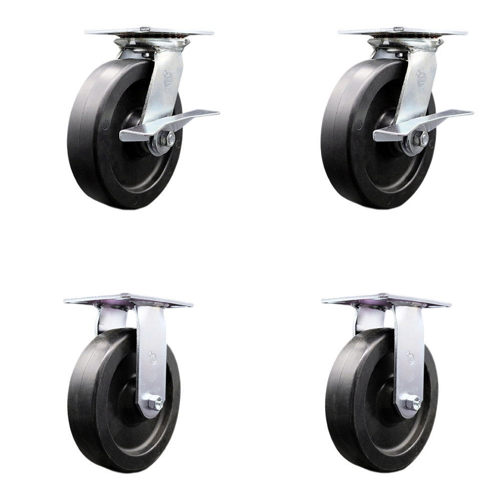 Heavy Duty Large Top Plate Polyolefin Swivel Caster Set of 4 w/8" x 2" Black Wheels - Includes 2 Swivel with Brakes & 2 Rigid - 3600 lbs Total Capacity - Service Caster Brand — photo 1