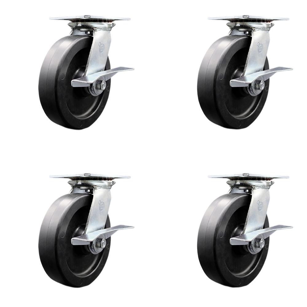Heavy Duty Large Top Plate Polyolefin Swivel Caster w/Main. Free Bearings Set of 4 w/8" x 2" Black Wheels - Includes 4 Swivel w/Side Lck Brakes - 3600 lbs Total Capacity - Service Caster Brand — photo 1