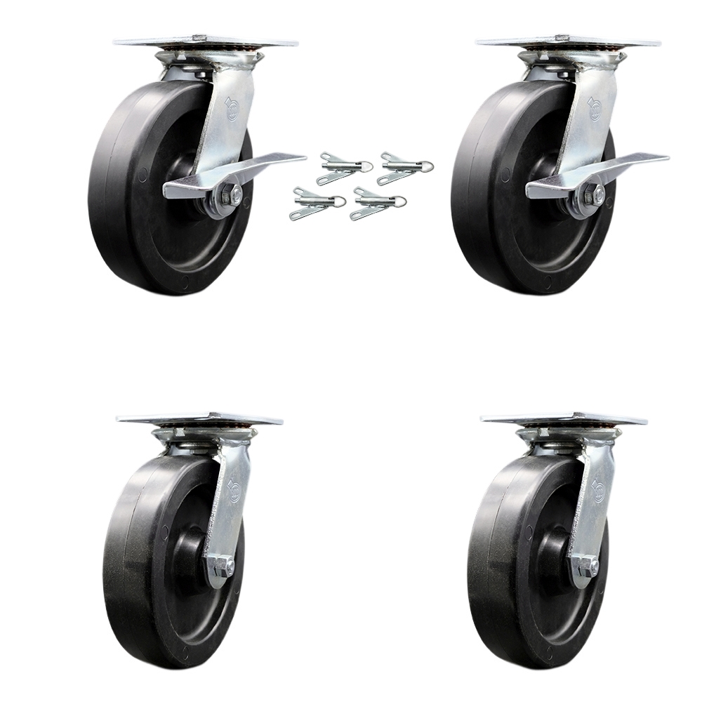 Heavy Duty Large Top Plate Polyolefin Swivel Caster Set 4 w/8" x 2" Black Wheels-Includes 2 Swvl w/Brakes and Bolt on Swvl Lcks& 2 Swvl w/Bolt on Swvl Lcks-3600 lbs Total Cpty- Service Caster Brand — photo 1