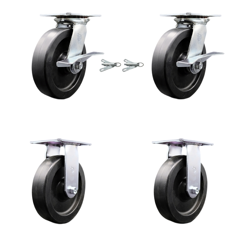Heavy Duty Large Top Plate Polyolefin Swivel Caster w/Main. Free Bearings Set of 4 w/8" x 2" Black Wheels - Includes 2 Swivel with Brakes and Bolt on Swivel Locks & 2 Rigid - Service Caster Brand — photo 1
