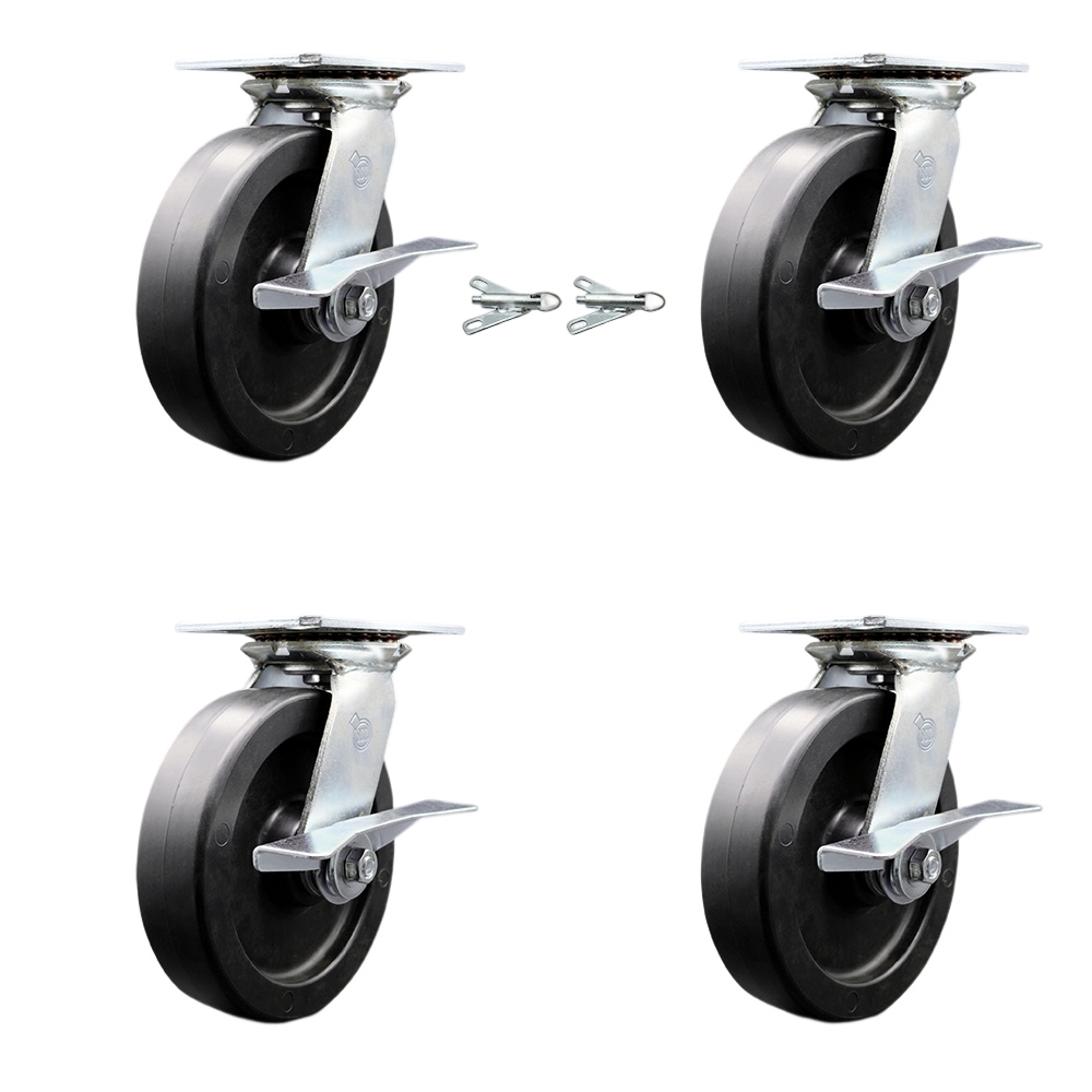 Heavy Duty Large Top Plate Polyolefin Swivel Caster w/Main. Free Bearings Set 4 w/8" x 2" Black Wheels-Includes 2 Swivel with Brakes and Bolt on Swivel Locks&2 Swivel with Brakes- Service Caster Brand — photo 1