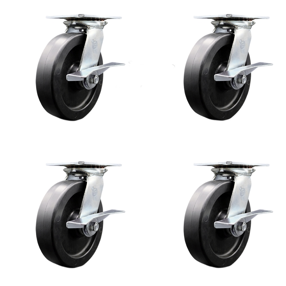 Heavy Duty Large Top Plate Polyolefin Swivel Caster w/Main. Free Bearings Set of 4 w/8" x 2" Black Wheels - Includes 4 Swivel w/Side Lck Brakes & Bolt on Swivel Locks - Service Caster Brand — photo 1