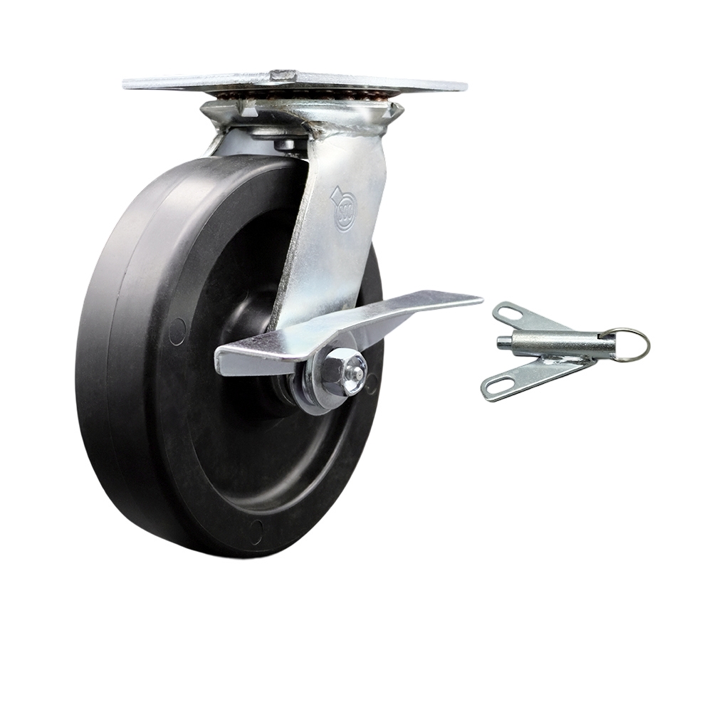 Heavy Duty Large Top Plate Polyolefin Swivel Caster w/8" x 2" Black Wheel & Side Lck Brake and Bolt on Swivel Lock - 900 lbs Capacity/Caster - Service Caster Brand — photo 1