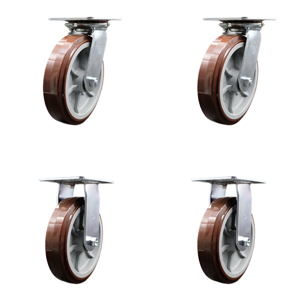 Heavy Duty Large Top Plate Polyurethane on Polyolefin Swivel Caster w/Main. Free Bearings Set of 4 w/8" x 2" Maroon Wheels - Includes 2 Swivel & 2 Rigid - 4000lbs Total Capacity - Service Caster Brand — photo 1