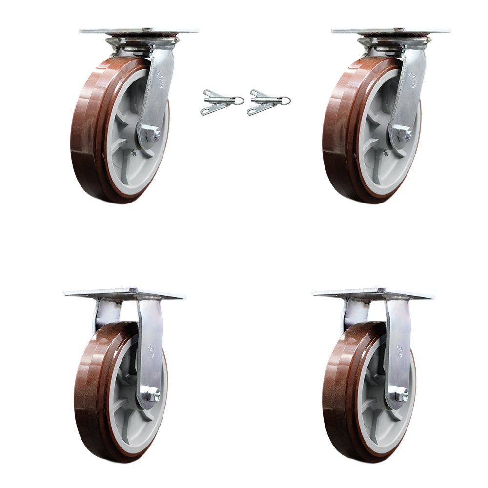 Heavy Duty Large Top Plate Polyurethane on Polyolefin Swivel Caster Set of 4 w/8" x 2" Maroon Wheels - Includes 2 Swivel with Bolt on Swivel Locks&2 Rigid-4000lbs Total Capacity - Service Caster Brand — photo 1