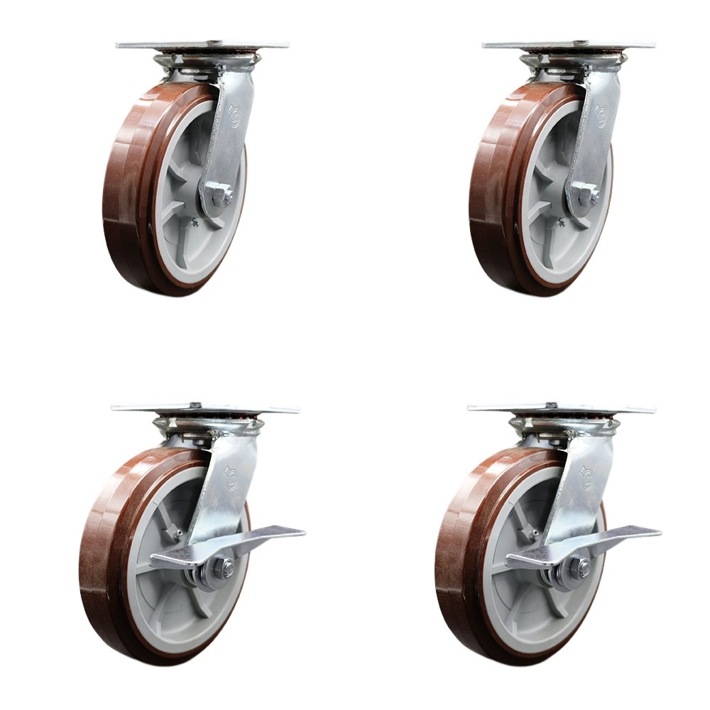 Heavy Duty Large Top Plate Polyurethane on Polyolefin Swivel Caster Set of 4 w/8" x 2" Maroon Wheels-Includes 2 Swivel with Bolt on Swvl Lcks&2 Swvl with Brakes-4000lbs Total Cpty-Service Caster Brand — photo 1