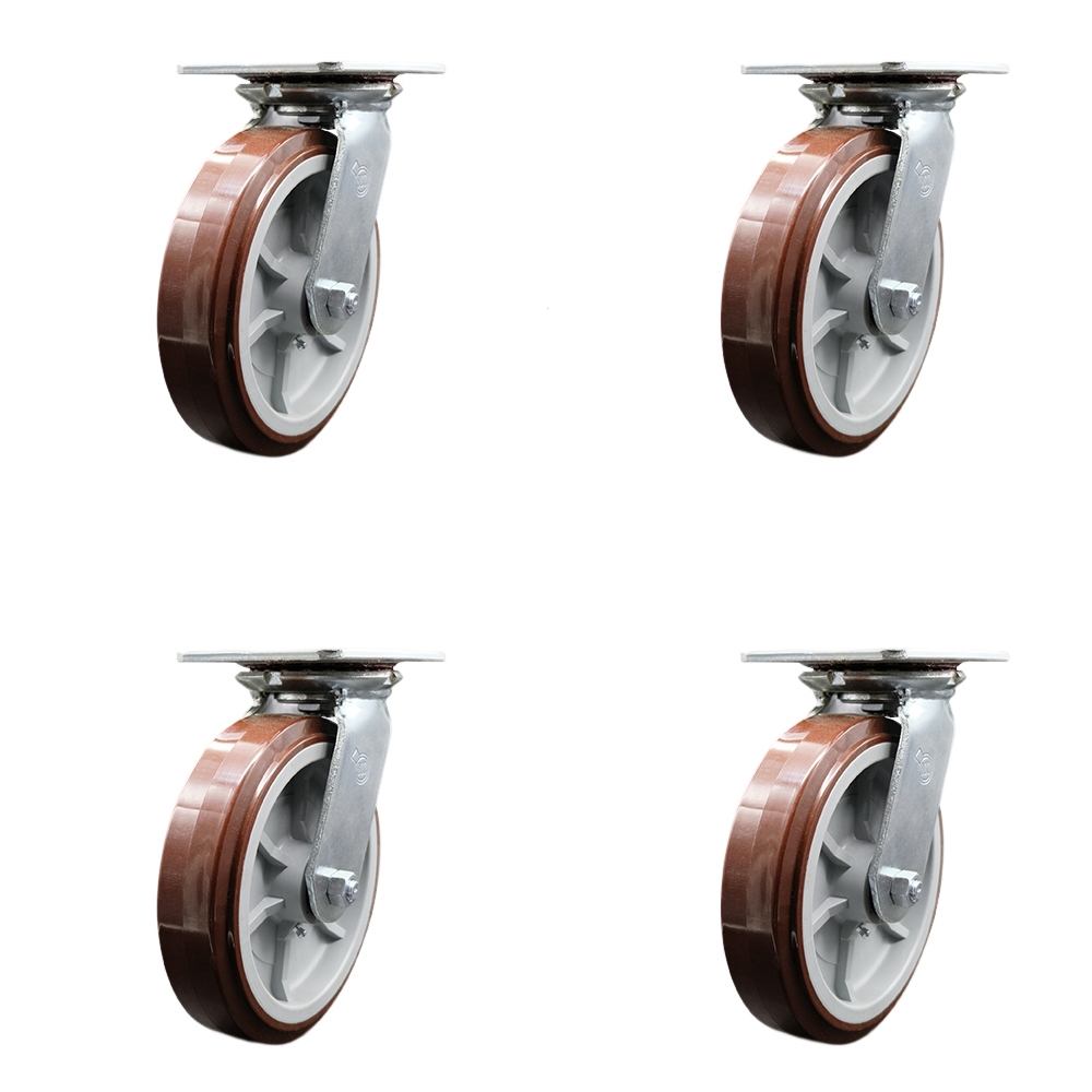 Heavy Duty Large Top Plate Polyurethane on Polyolefin Swivel Caster w/Main. Free Bearings Set of 4 w/8" x 2" Maroon Wheels-Includes 4 Swvl w/Bolt on Swvl Lcks-4000lbs Total Cpty - Service Caster Brand — photo 1