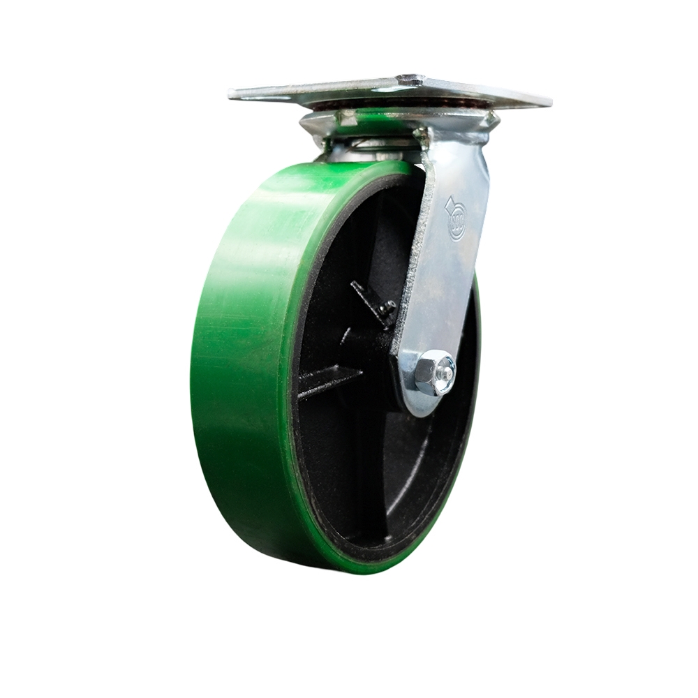 Heavy Duty Large Top Plate Polyurethane on Cast Iron Swivel Caster w/8" x 2" Green Wheel - 1250 lbs Capacity/Caster - Service Caster Brand — photo 1