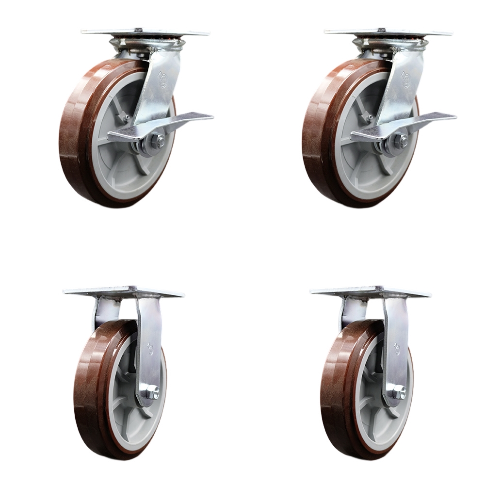 Heavy Duty Large Top Plate Polyurethane on Polyolefin Swivel Caster Set of 4 w/8" x 2" Maroon Wheels - Includes 2 Swivel with Brakes & 2 Rigid - 4000 lbs Total Capacity - Service Caster Brand — photo 1
