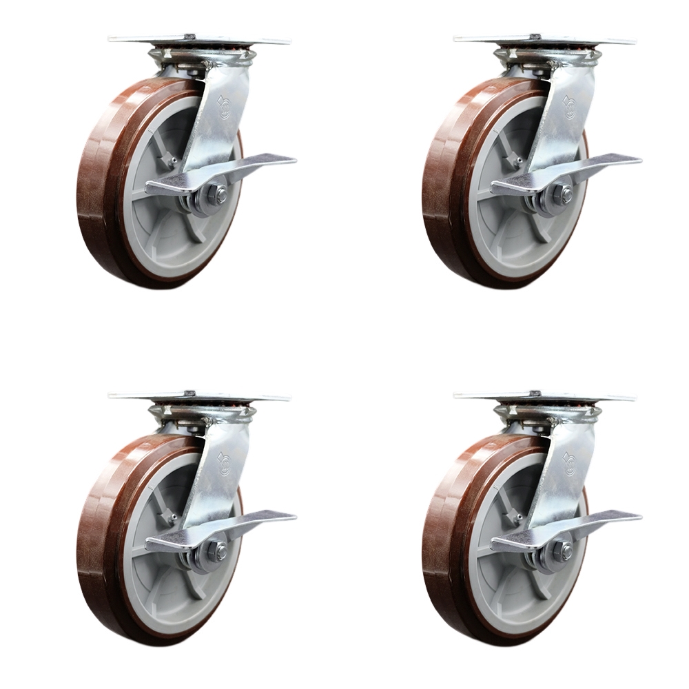 Heavy Duty Large Top Plate Polyurethane on Polyolefin Swivel Caster w/Main. Free Bearings Set of 4 w/8" x 2" Maroon Wheels-Includes 4 Swivel w/Side Lck Brakes-4000lbs Total Cpty - Service Caster Brand — photo 1