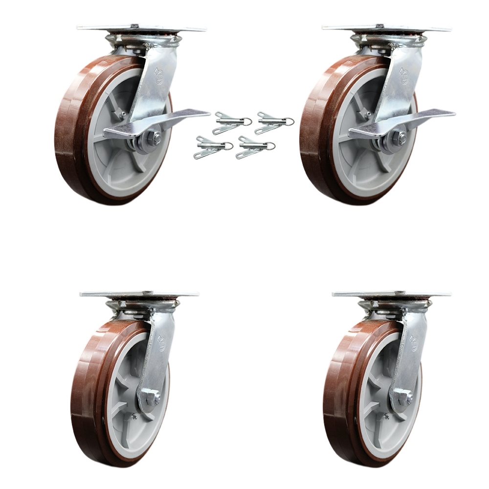 Heavy Duty Large Top Plate Poly on Polyolefin Swivel Caster Set 4 w/8" x 2" Maroon Wheels-Includes 2 Swvl w/BRKs and Bolt on Swvl Lcks&2 Swvl w/Bolt on Swvl Lck-4000lbs Total Cpty-Service Caster Brand — photo 1