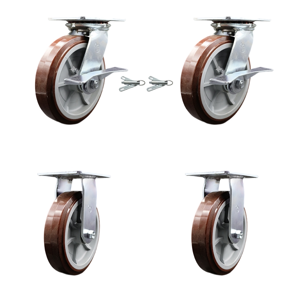 Heavy Duty Large Top Plate Polyurethane on Polyolefin Swivel Caster w/Main. Free Bearings Set of 4 w/8" x 2" Maroon Wheels-Includes 2 Swvl with Brakes and Bolt on Swvl Lck&2 Rigid-Service Caster Brand — photo 1