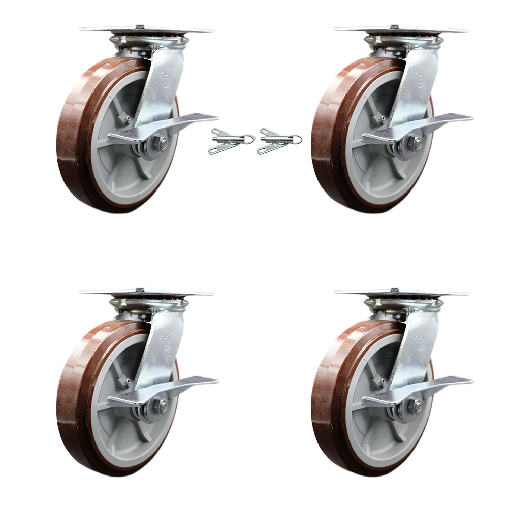 Heavy Duty Large Top Plate Poly on Polyolefin Swivel Caster w/Main. Free Bearings Set 4 w/8" x 2" Maroon Wheels-Includes 2 Swivel w/Brakes and Bolt on Swvl Lck&2 Swvl with Brakes- Service Caster Brand — photo 1