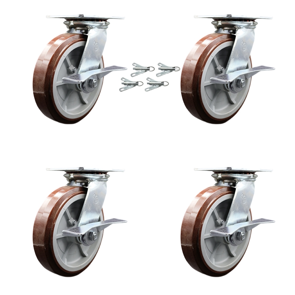 Heavy Duty Large Top Plate Polyurethane on Polyolefin Swivel Caster Set of 4 w/8" x 2" Maroon Wheels - Includes 4 Swivel w/Side Lck Brakes&Bolt on Swvl Lcks-4000lbs Total Capacity-Service Caster Brand — photo 1