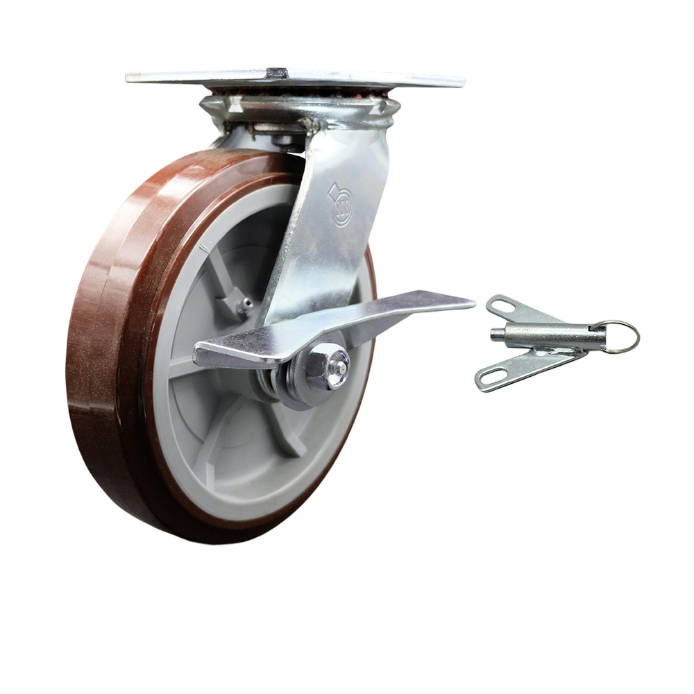 Heavy Duty Large Top Plate Polyurethane on Polyolefin Swivel Caster w/Main. Free Bearings and 8" x 2" Maroon Wheel&Side Lck Brake and Bolt on Swivel Lck-1000 lbs Capacity/Caster - Service Caster Brand — photo 1