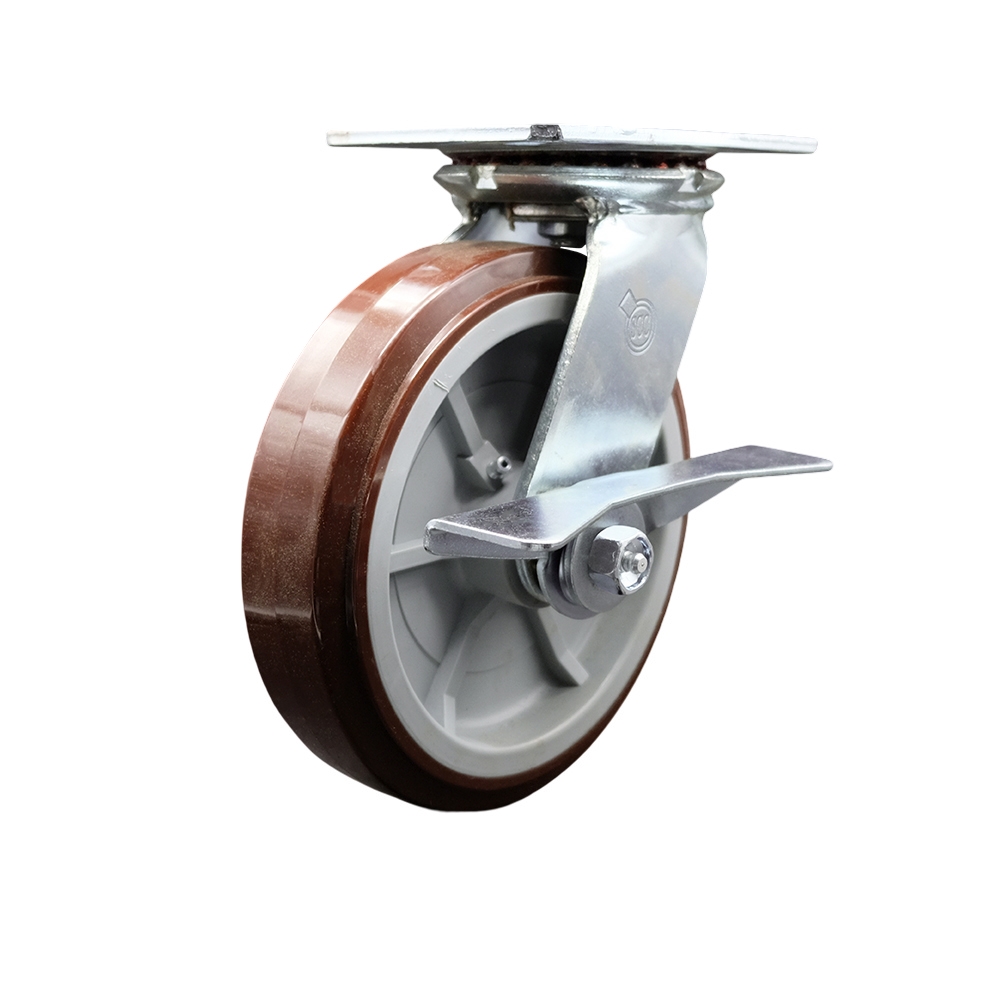 Heavy Duty Large Top Plate Polyurethane on Polyolefin Swivel Caster w/Main. Free Bearings and 8" x 2" Maroon Wheel & Side Lck Brake - 1000 lbs Capacity/Caster - Service Caster Brand — photo 1